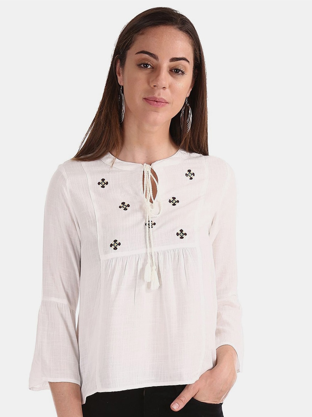 

V-Mart Tie-Up Neck Embroidered Cotton Top, White