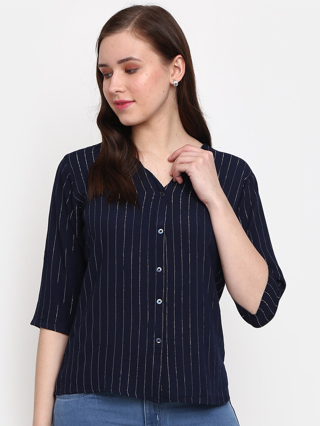 

V-Mart Striped V-Neck Cotton Shirt Style Top, Navy blue