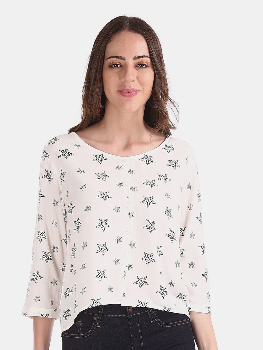 

V-Mart Conversational Printed Cotton Top, White