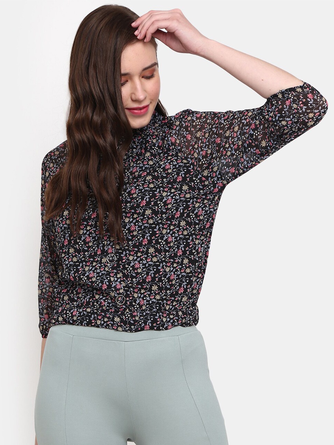 

V-Mart Floral Printed High Neck Georgette Top, Black