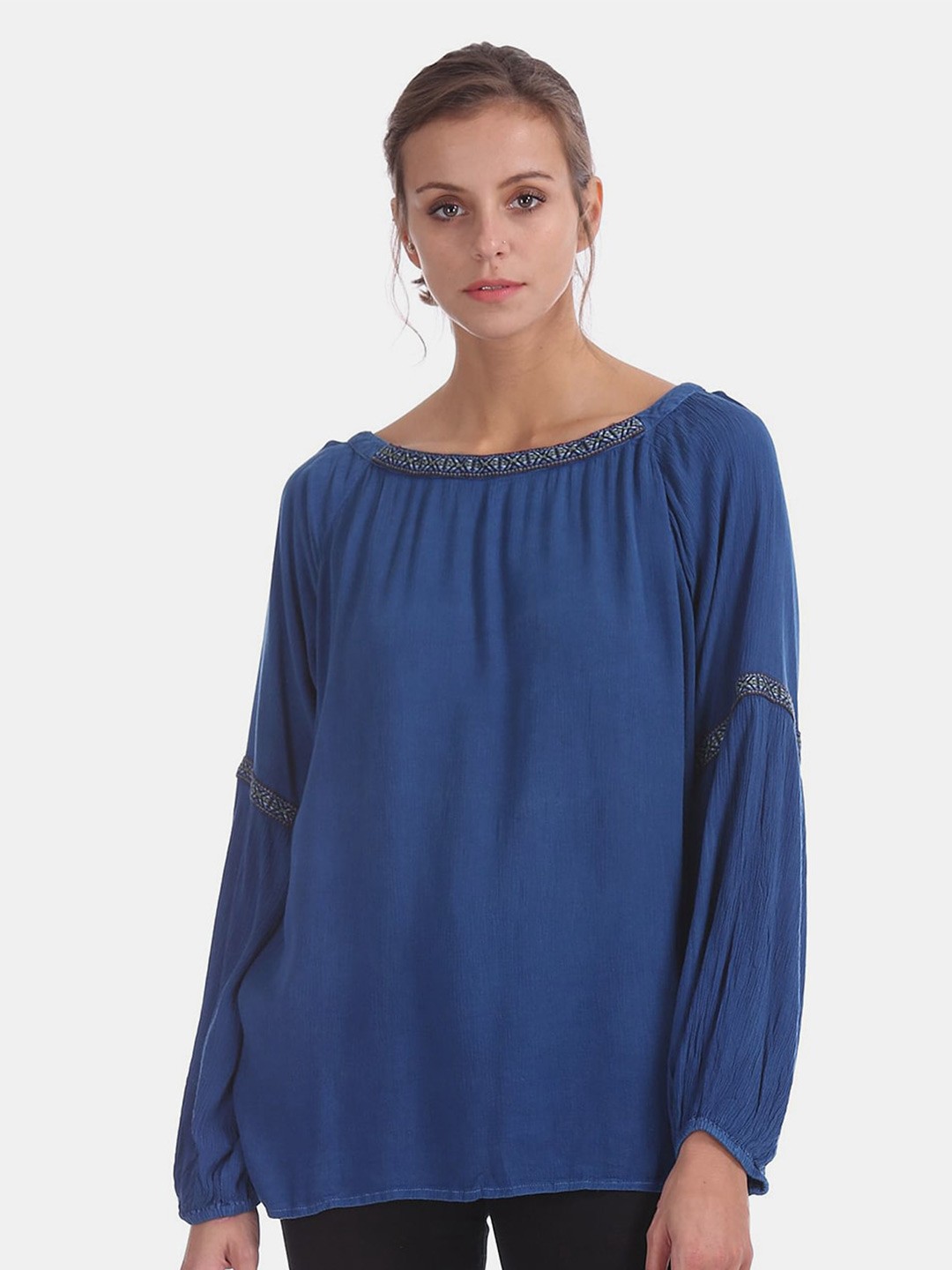 

V-Mart Boat Neck Bishop Sleeves Top, Blue