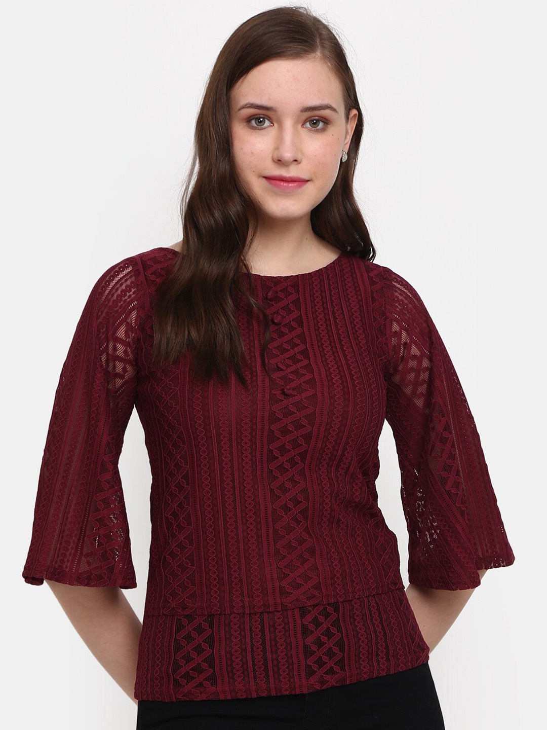 

V-Mart Self Design Flared Sleeves Top, Maroon