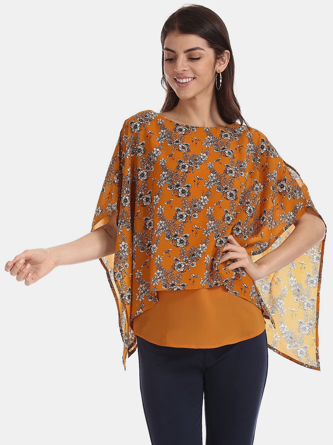

V-Mart Floral Print Kaftan Cotton Top, Yellow