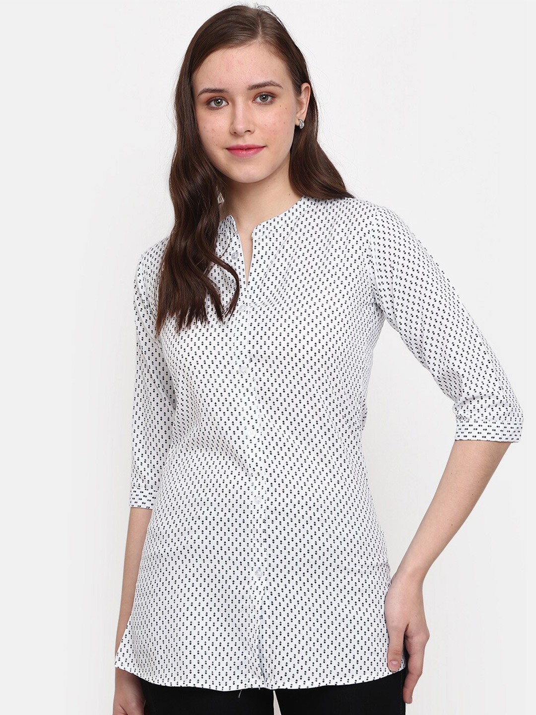 

V-Mart Geometric Print Mandarin Collar Shirt Style Top, Navy blue