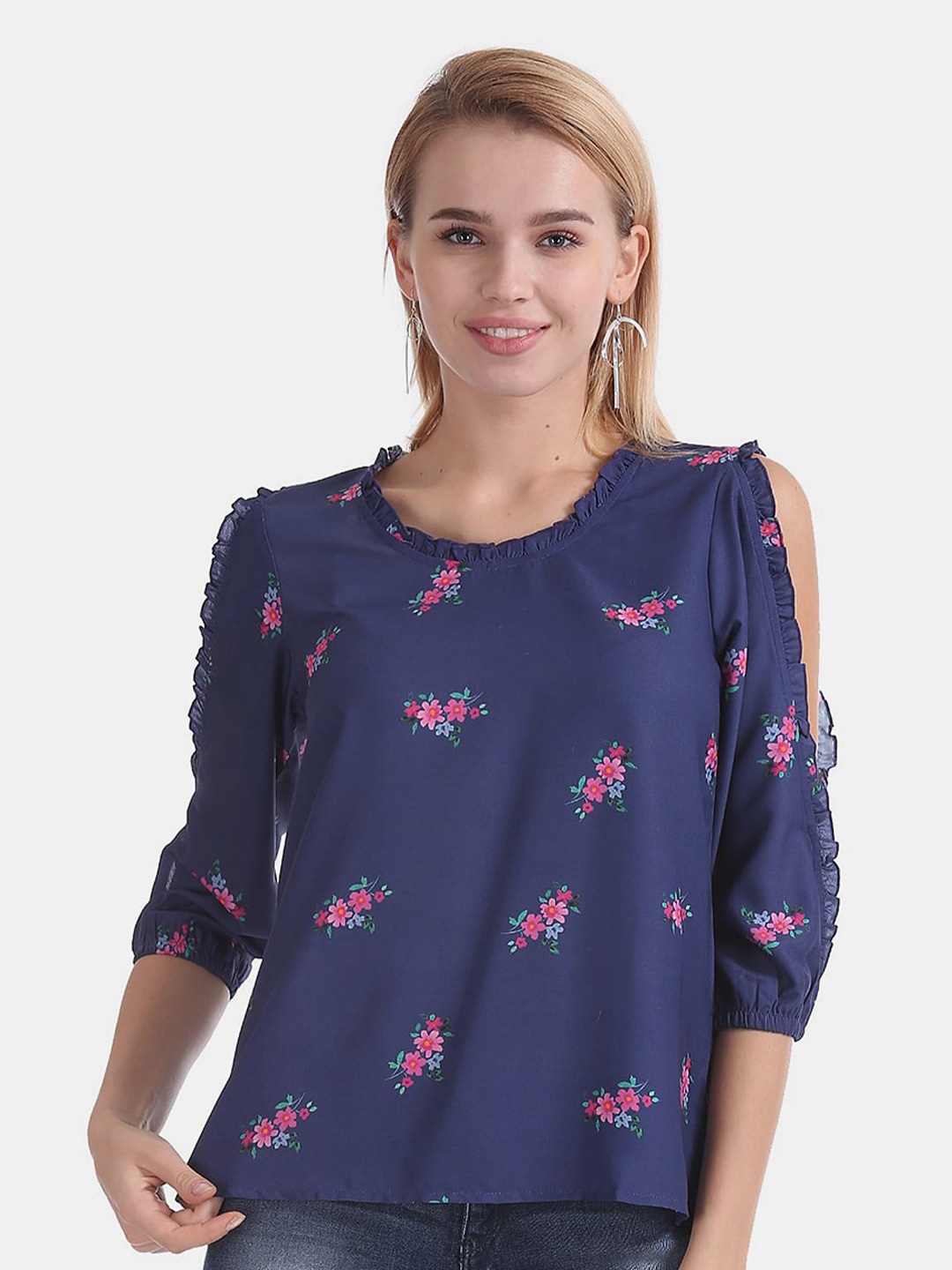 

V-Mart Blue Floral Print Cotton Top