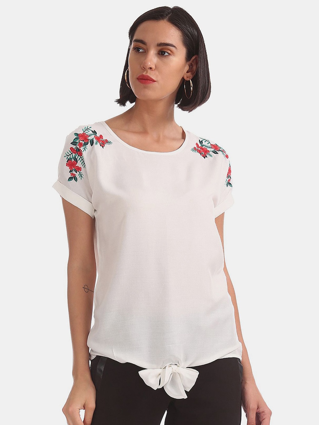 

V-Mart Tie-Ups Floral Embroidered Top, White