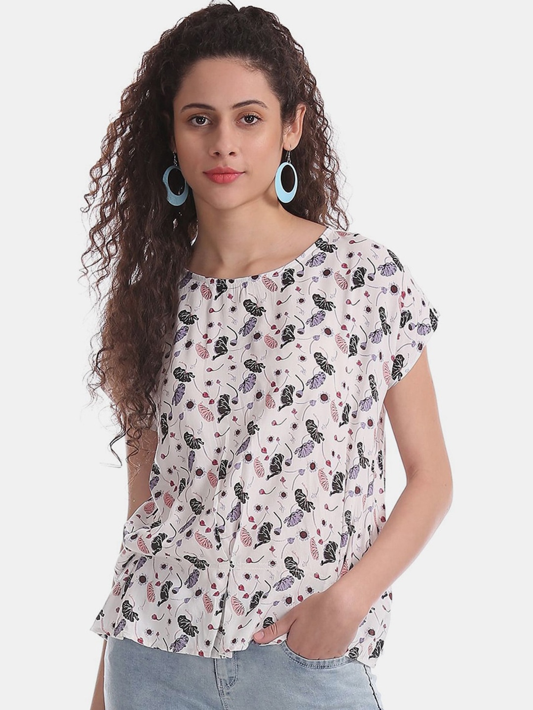 

V-Mart Floral Printed Extended Sleeves Cotton Top, White