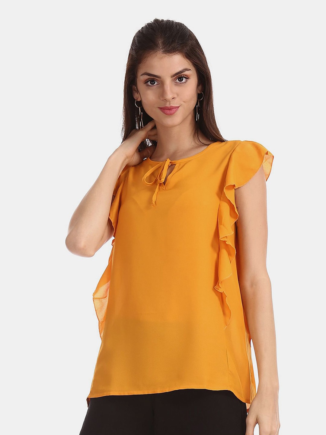 

V-Mart Tie-Up Neck Flared Sleeves Cotton Top, Yellow
