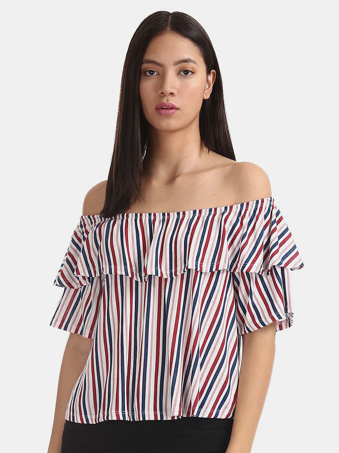 

V-Mart Vertical Striped Off-Shoulder Bardot Cotton Top, White