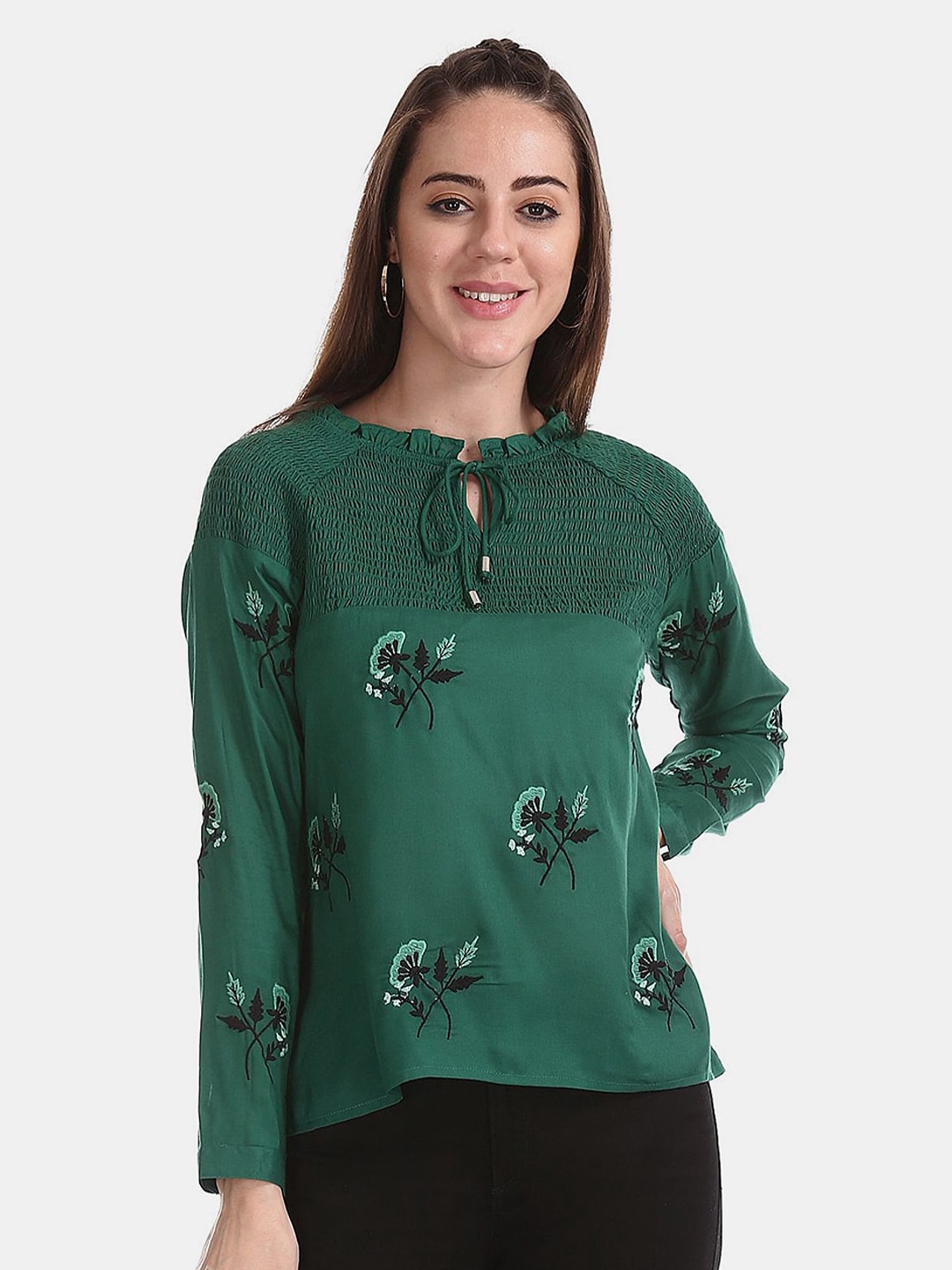 

V-Mart Floral Embroidered Tie-Up Neck Smocked Cotton Top, Green