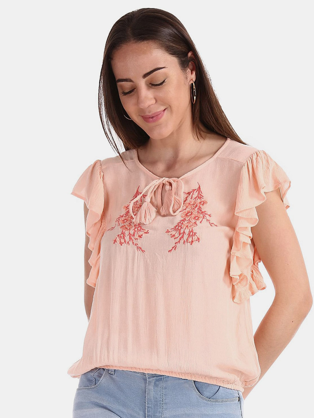 

V-Mart Tie-Up Neck Embroidered Blouson Top, Peach