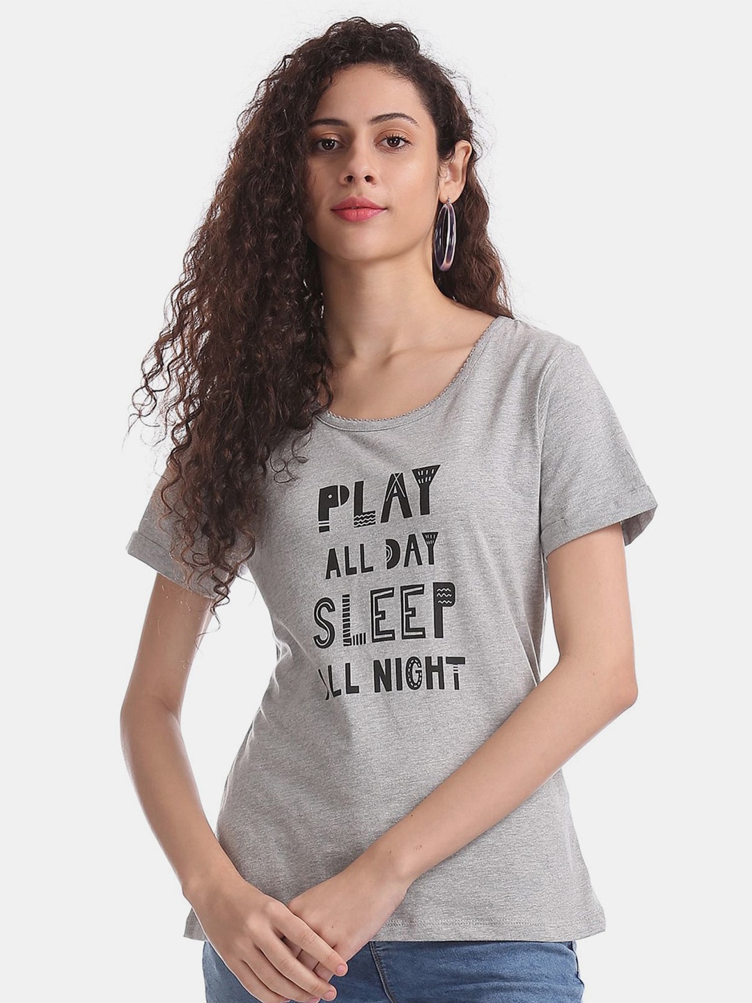 

V-Mart Typography Printed Cotton Top, Grey