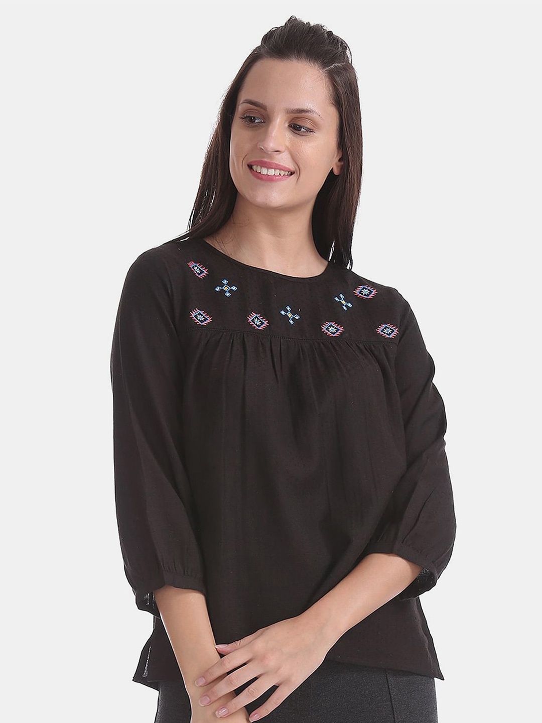 

V-Mart Ethnic Motif Embroidered Puff Sleeves Top, Black