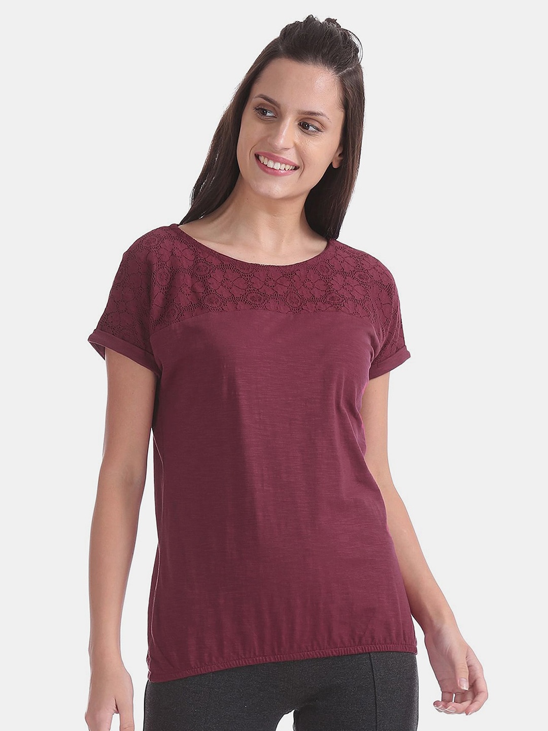 

V-Mart Lace-Up Cotton Top, Maroon