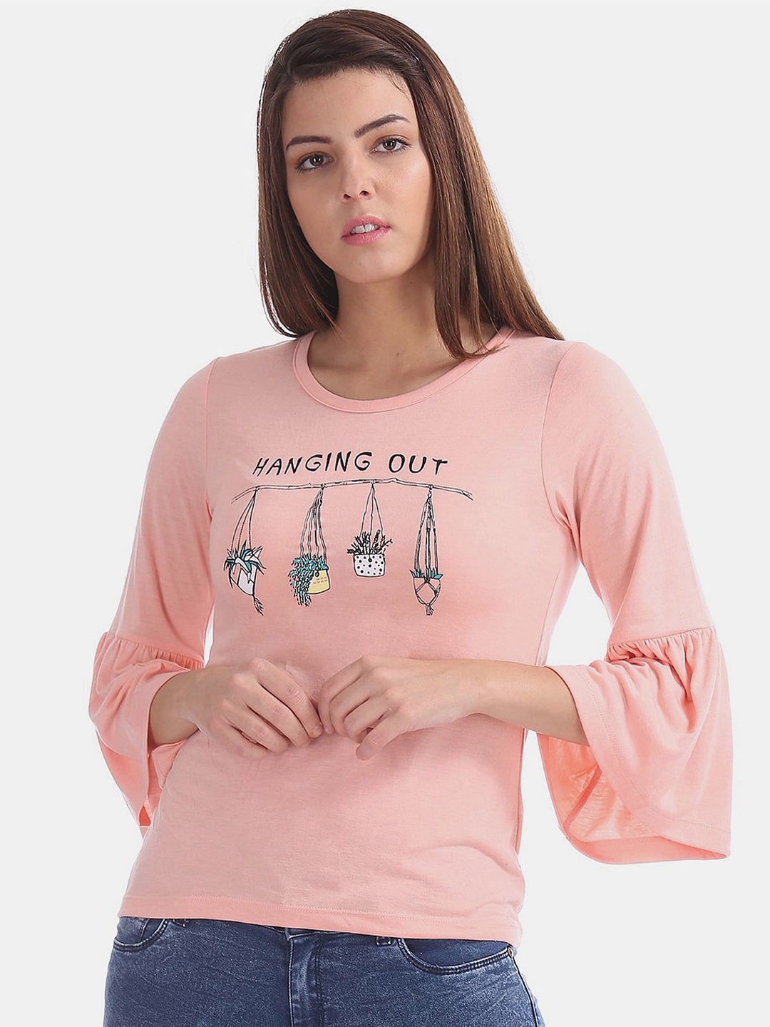 

V-Mart Bell Sleeves Graphic Printed Cotton Top, Pink