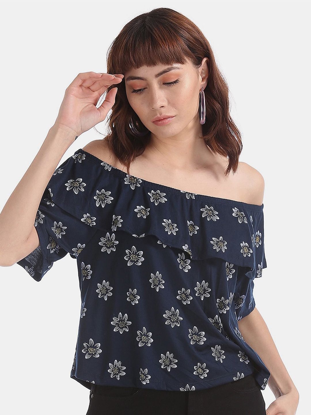 

V-Mart Floral Printed Off-Shoulder Bardot Top, Blue