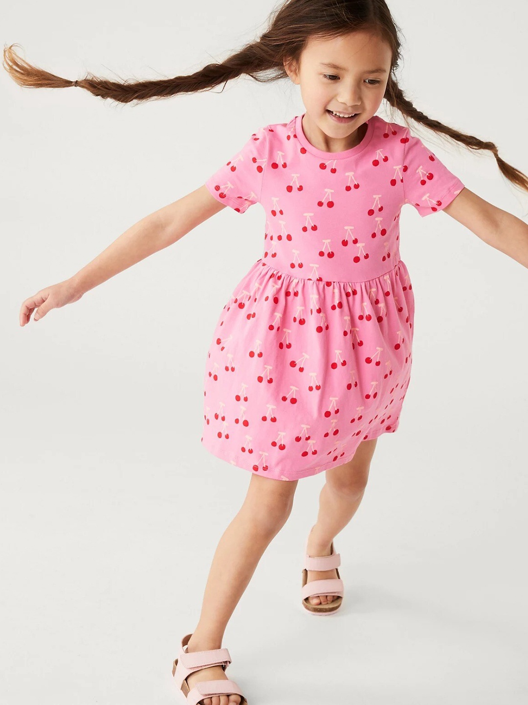 

Marks & Spencer Girls Printed Cotton Fit & Flare Dress, Pink
