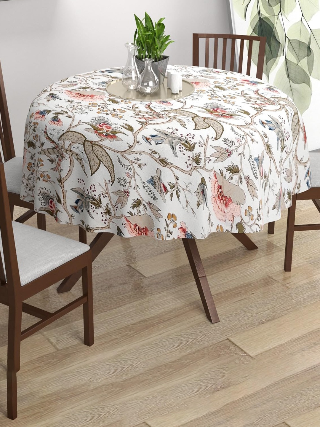 

Trance Home Linen White Floral Printed Cotton 4-Seater Dining Table Cover