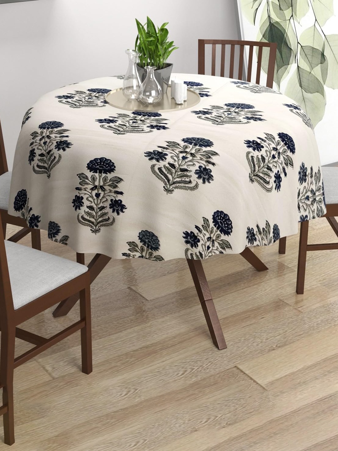 

Trance Home Linen Blue Printed Cotton Circular Table Cloth