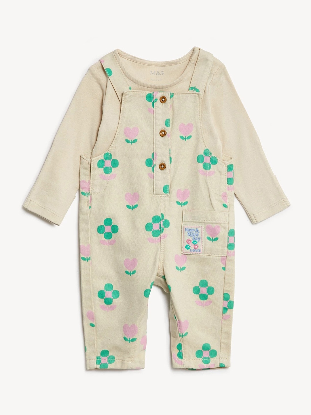 

Marks & Spencer Infant Girls Floral Printed Straight-Leg Dungarees With Body Suit, Cream