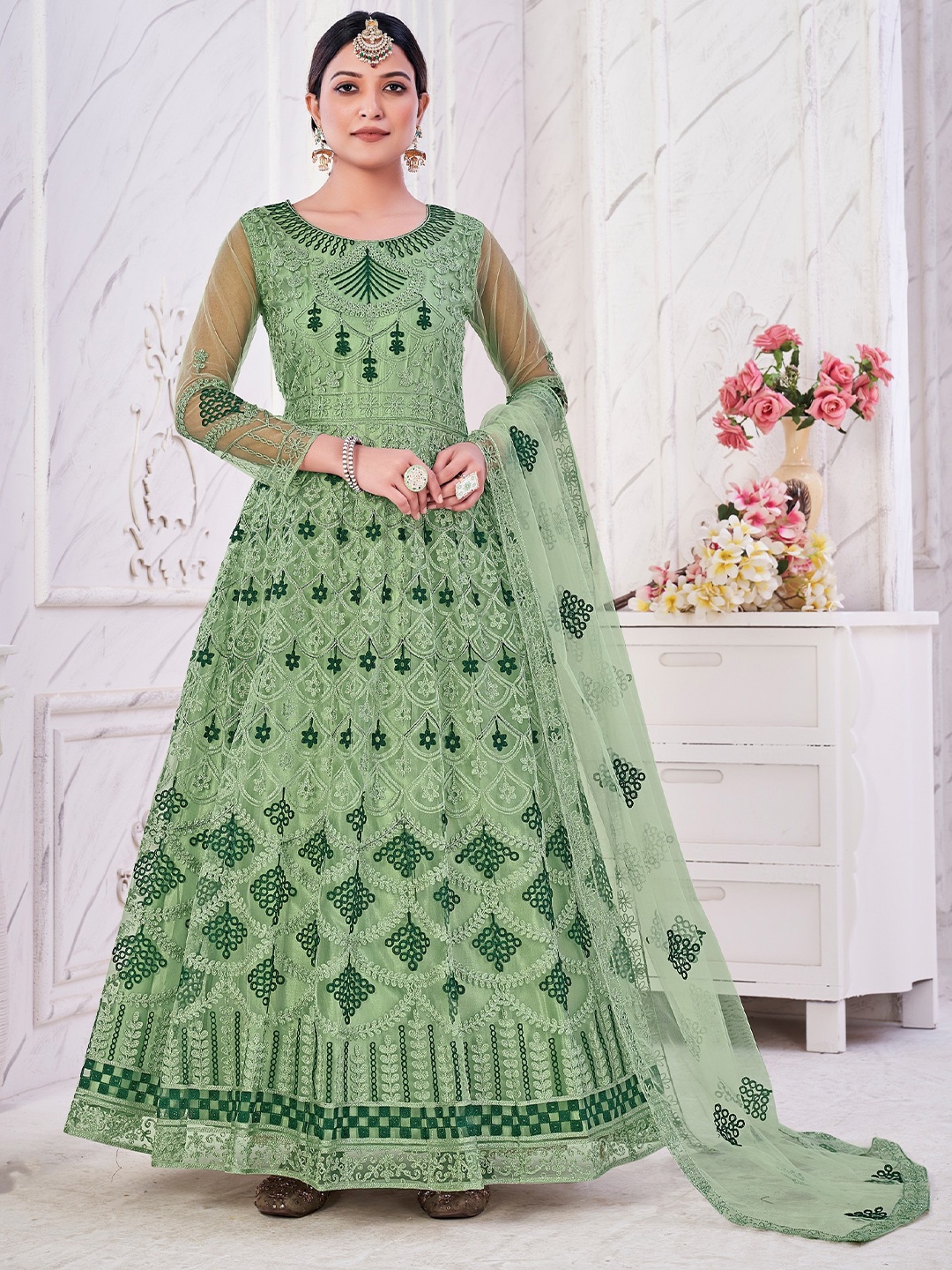 

Atsevam Embroidered Semi-Stitched Dress Material, Green