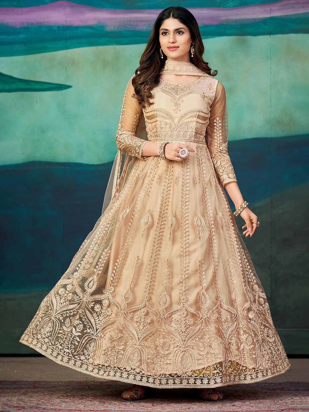 

Atsevam Embroidered Semi-Stitched Dress Material, Peach