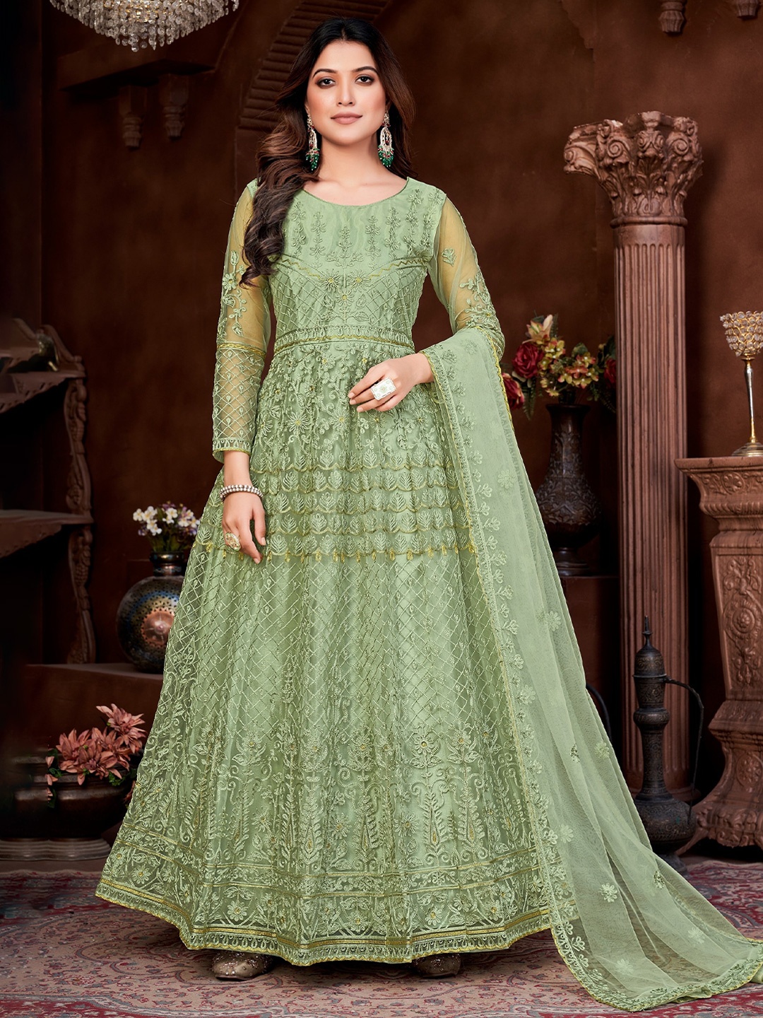 

Atsevam Embroidered Semi-Stitched Dress Material, Lime green