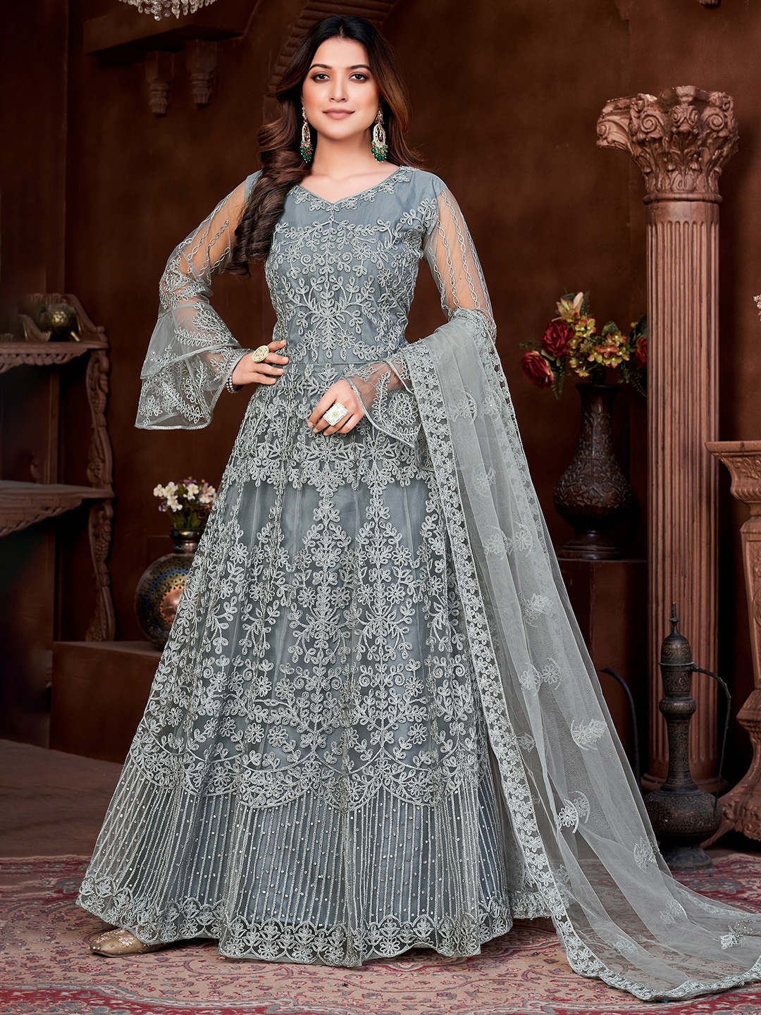 

Atsevam Embroidered Semi-Stitched Dress Material, Grey