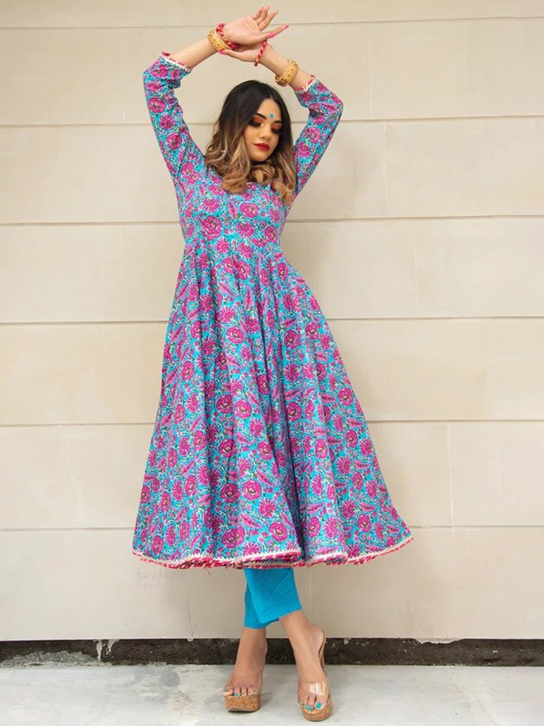 

Pomcha Floral Printed Pure Cotton Kurta With Trousers & Dupatta, Blue