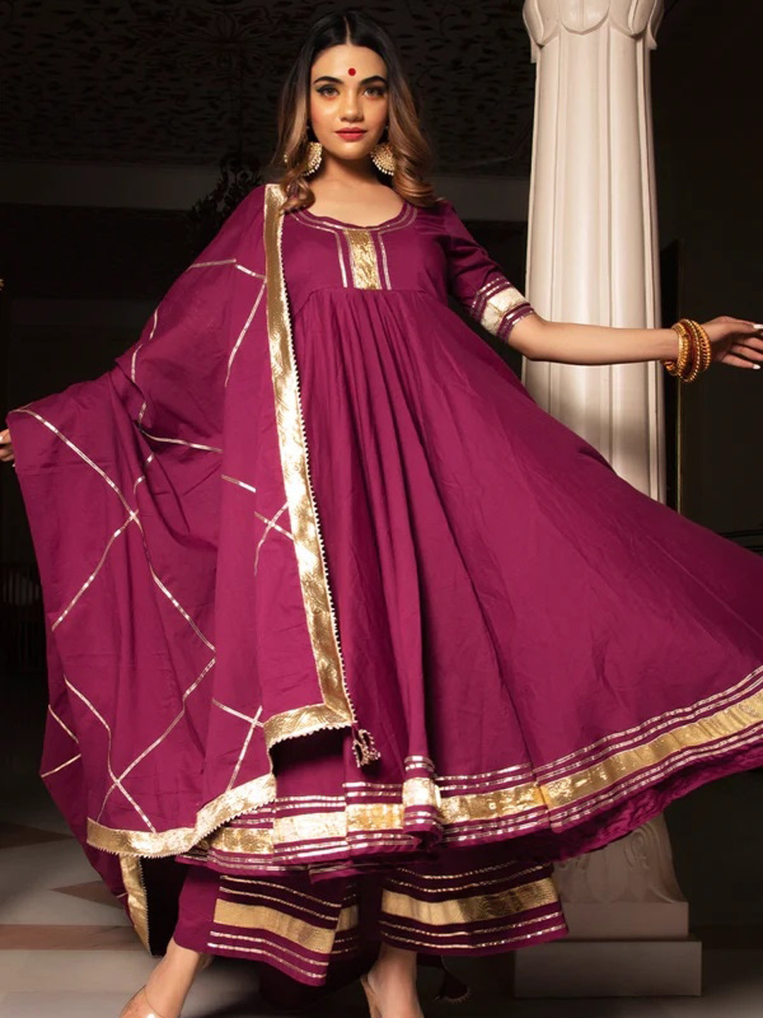 

Pomcha Gotta Patti Pure Cotton Anarkali Kurta with Palazzos & Dupatta, Burgundy