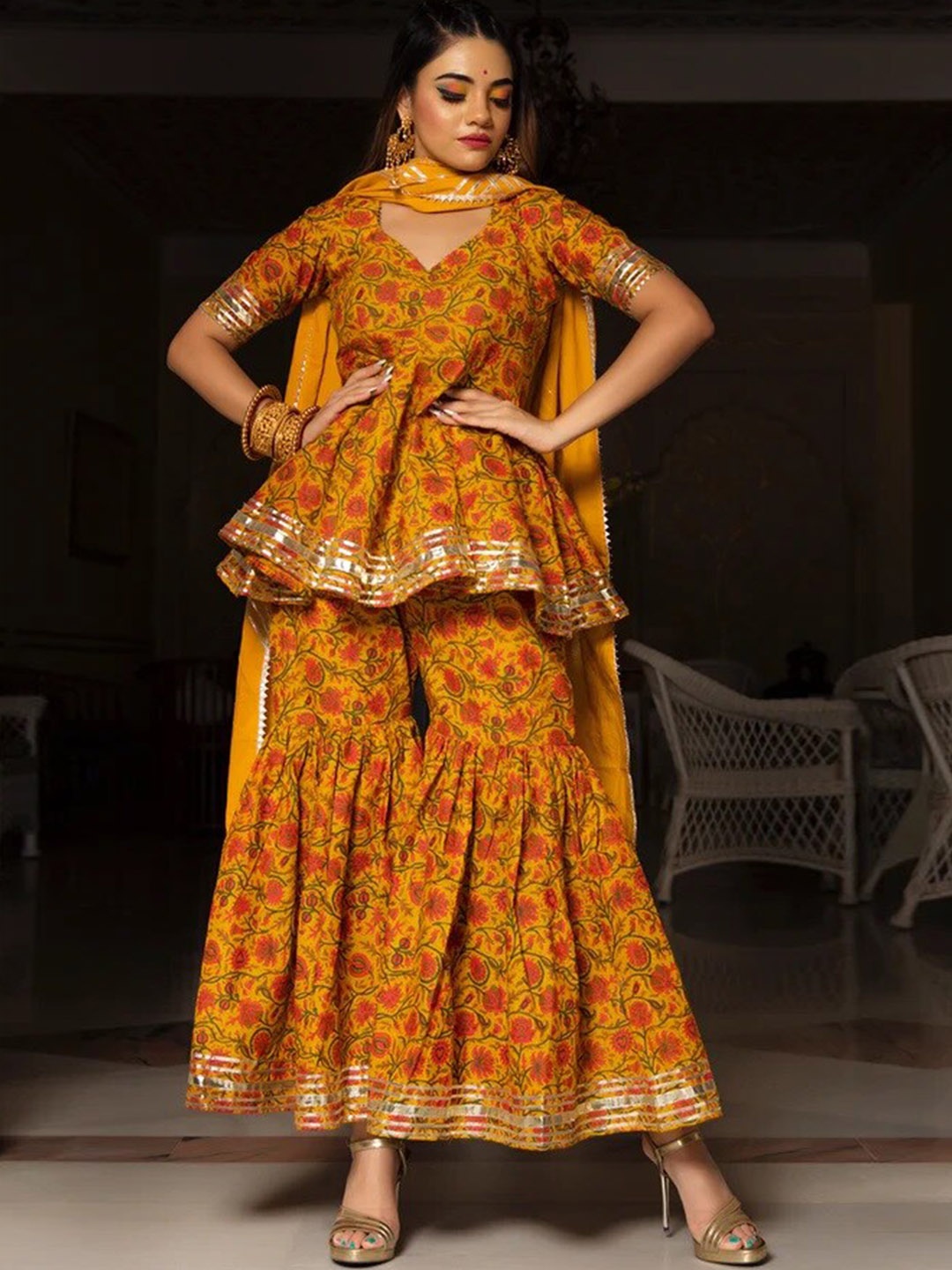 

Pomcha Women Mustard Yellow Floral Printed Kurta with Sharara & With Dupatta