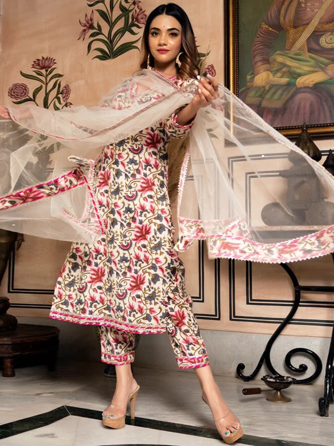 

Pomcha Floral Printed Pure Cotton Kurta With Trousers & Dupatta, Off white