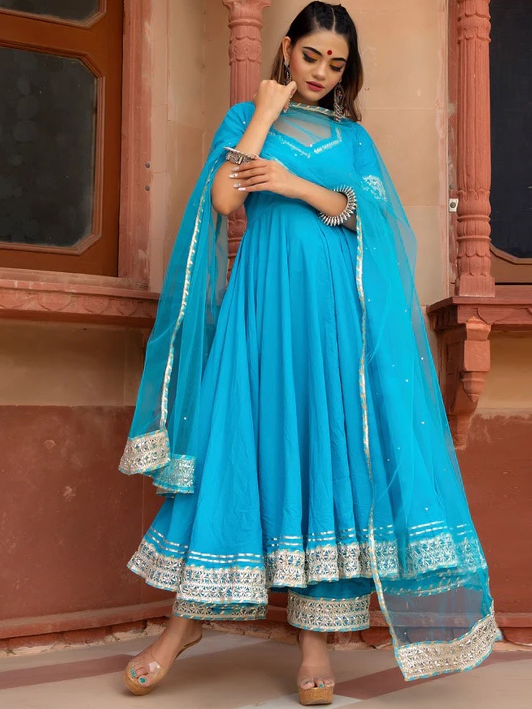 

Pomcha Empire Gotta Patti Pure Cotton Kurta With Palazzos & Dupatta, Blue