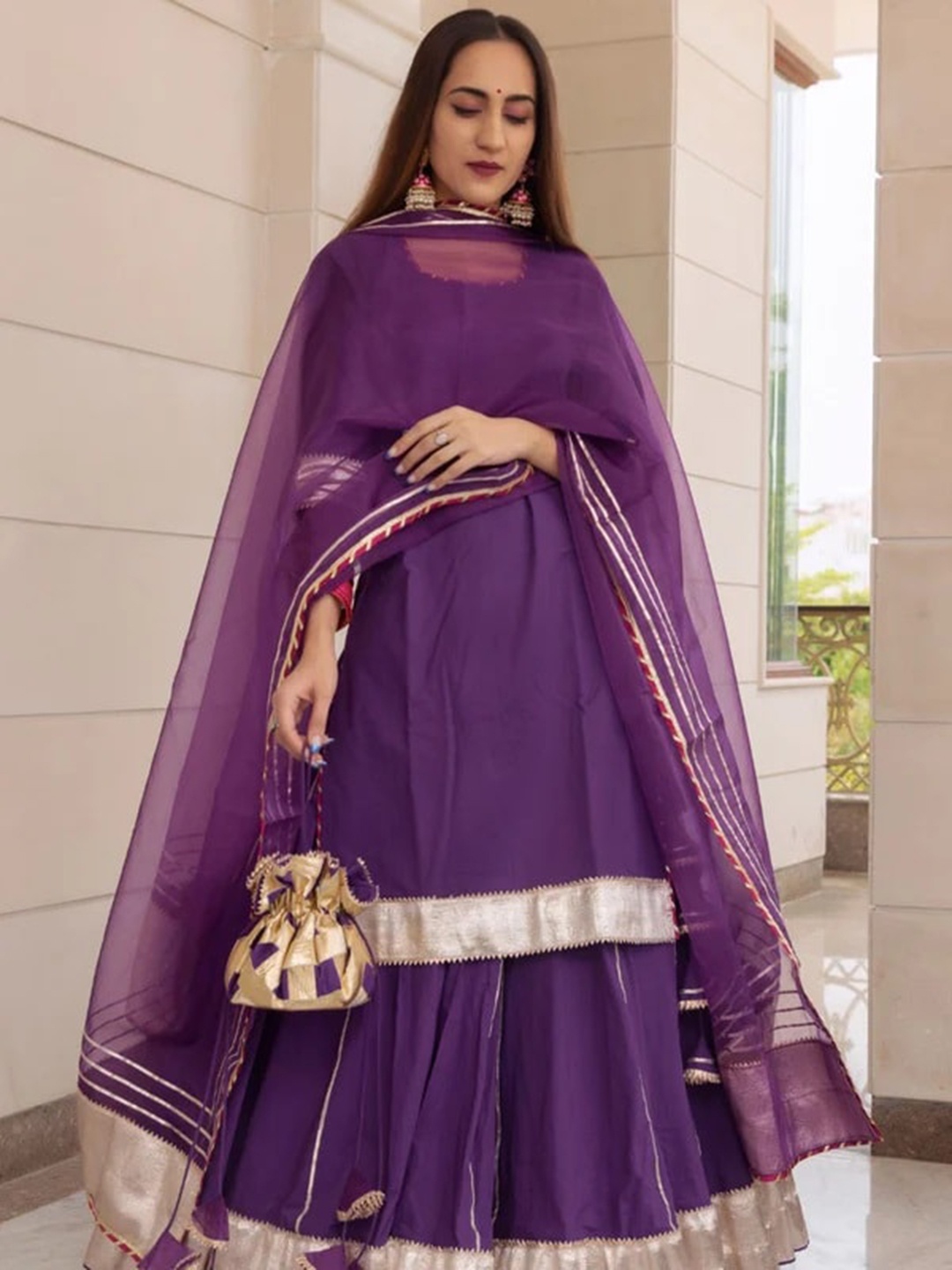 

Pomcha Women Purple Gotta Patti Kurta with Skirt & With Dupatta
