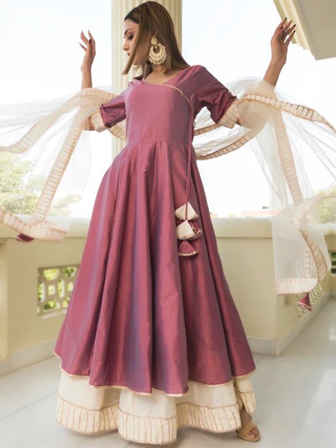 

Pomcha Women Purple Angrakha Kurta with Skirt & With Dupatta