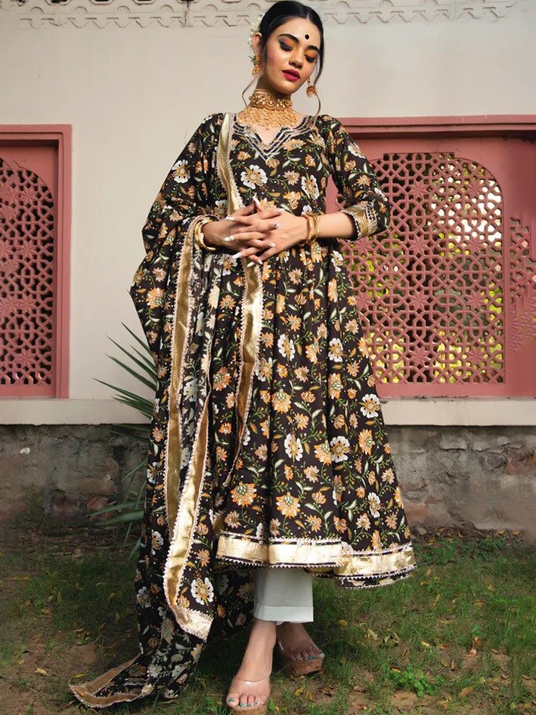 

Pomcha Floral Printed Empire Gotta Patti Kurta With Trousers & Dupatta, Brown