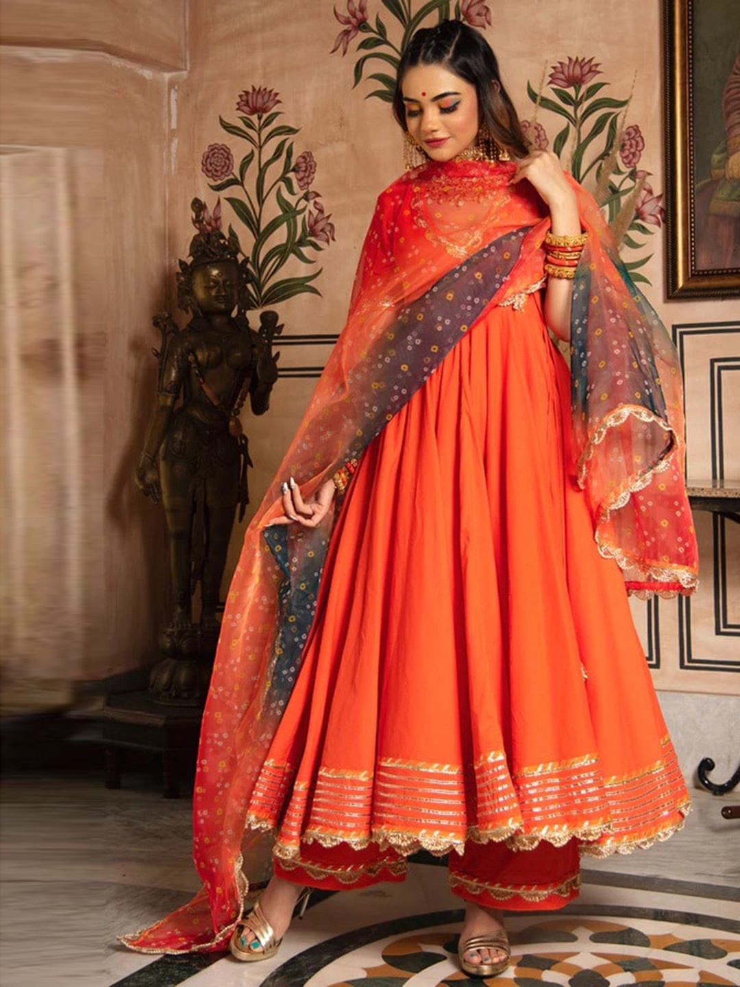 

Pomcha Angrakha Gotta Patti Kurta With Trousers & Dupatta, Orange