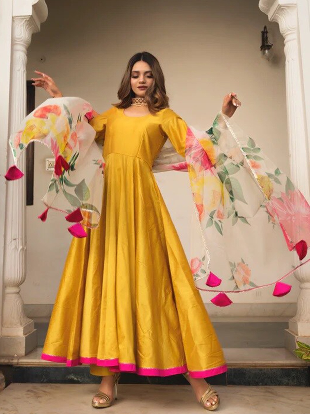 

Pomcha Empire Gotta Patti Pure Cotton Kurta With Trousers& Dupatta, Yellow