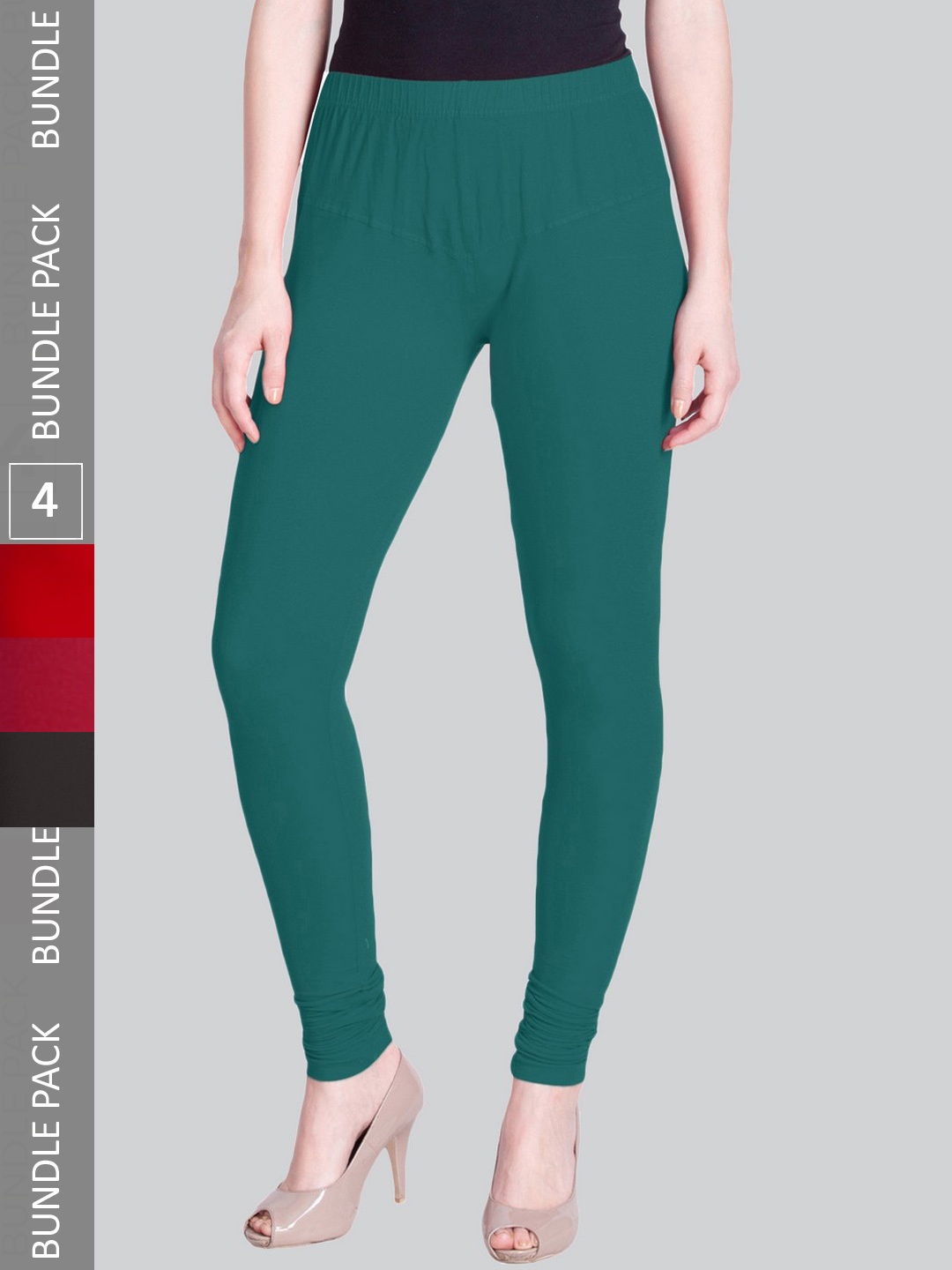 

LYRA Women Pack Of 4 Churidar-Length Cotton Lycra Leggings, Teal
