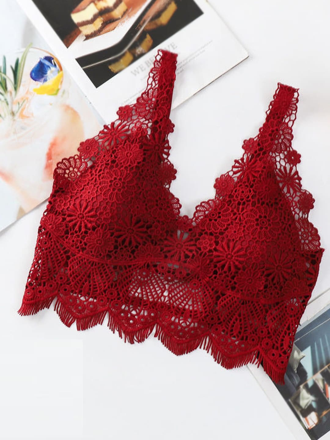 

FIMBUL Cotton Floral Bralette Lightly Padded Bra, Red