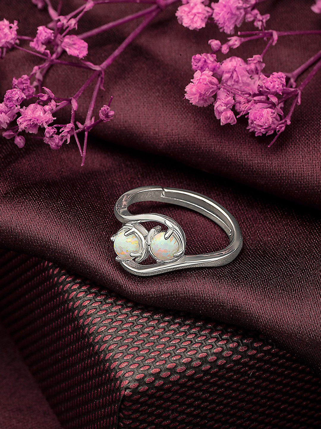 

SILBERRY 92.5 Sterling Silver Rhodium-Plated & Pearl-Studded Finger Ring