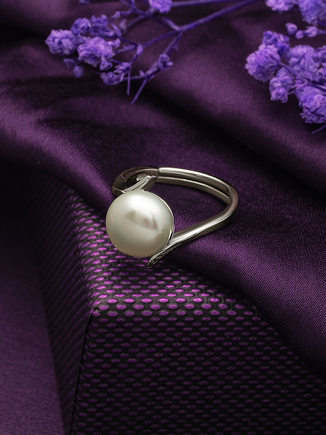 

SILBERRY 92.5 Sterling Silver Rhodium-Plated & Pearl-Studded Finger Ring
