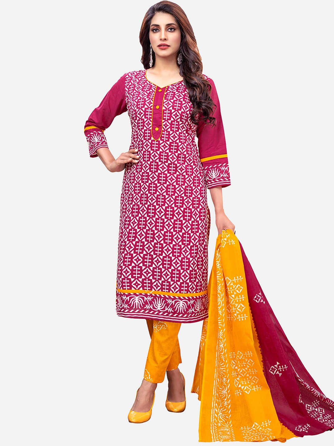 

Jevi Prints Ethnic Motifs Printed Pure Cotton Kurta with Trousers & Dupatta, Red