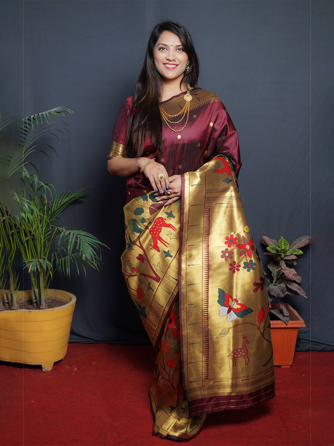 

Anaita Polka Dot Woven Design Zari Pure Silk Banarasi Saree, Brown