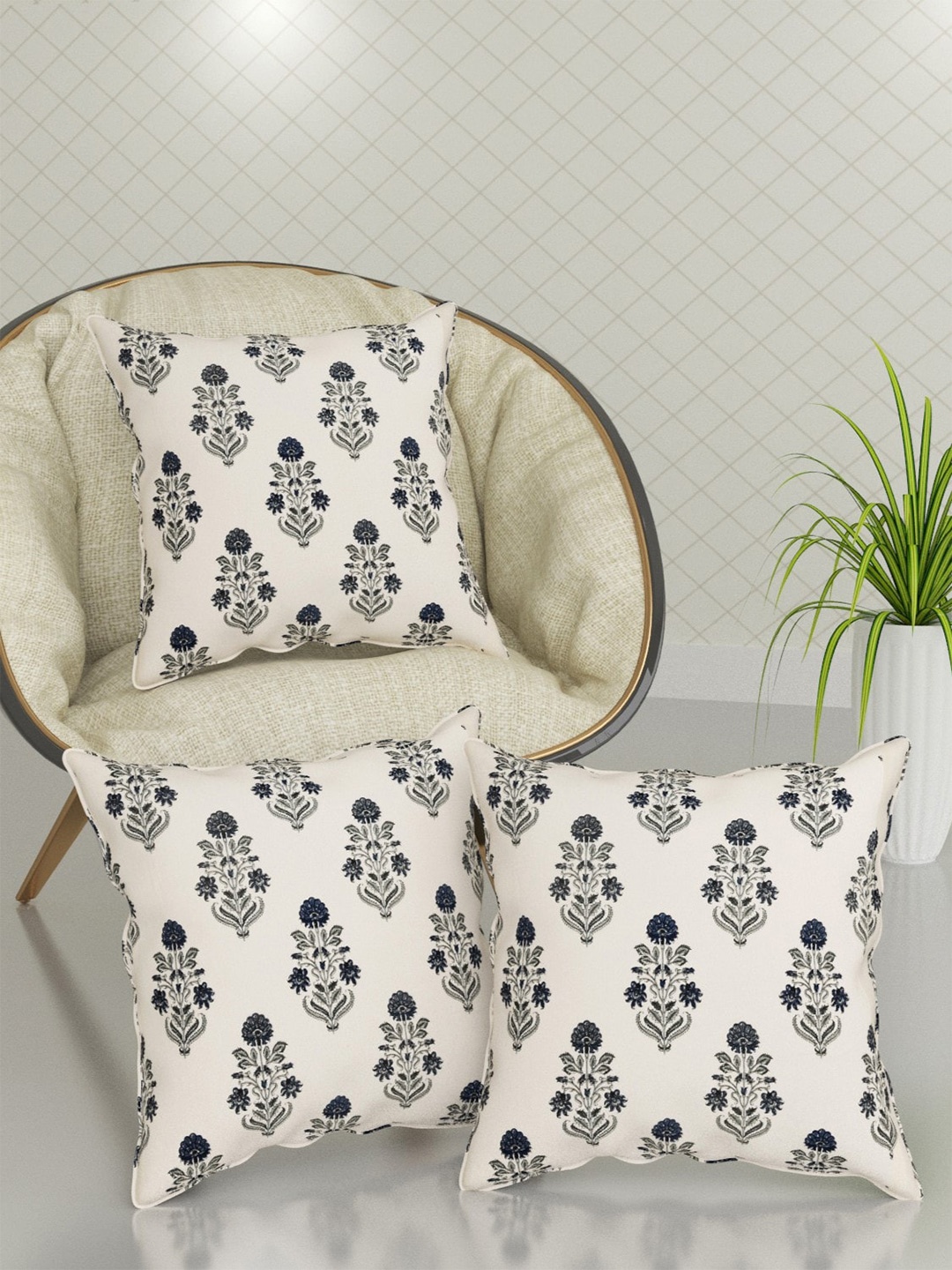 

Trance Home Linen White & Blue 3 Pcs Floral Printed Cotton Square Cushion Covers