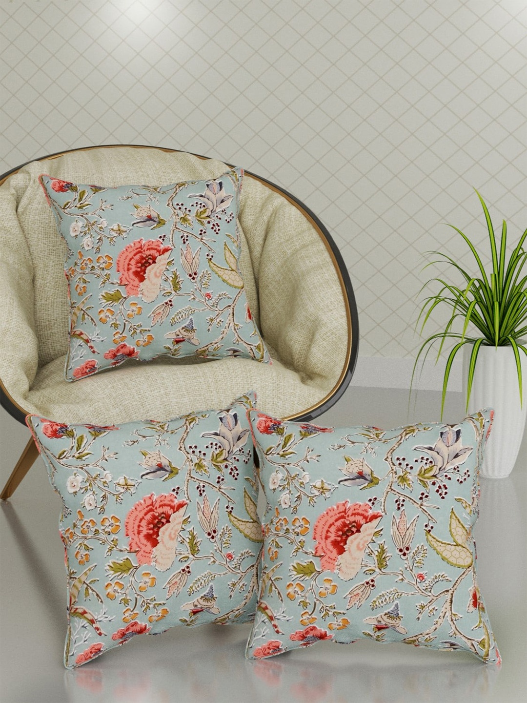 

Trance Home Linen Blue & Green 3 Pcs Floral Printed Cotton Square Cushion Covers