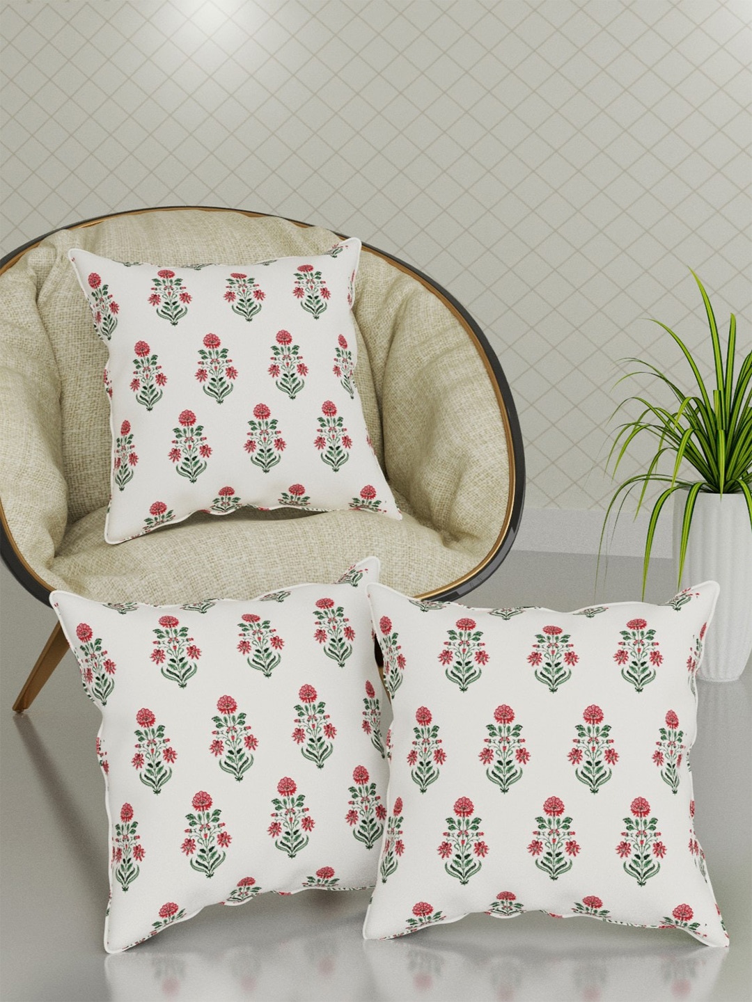 

Trance Home Linen White & Red 3 Pcs Floral Printed Cotton Square Cushion Covers