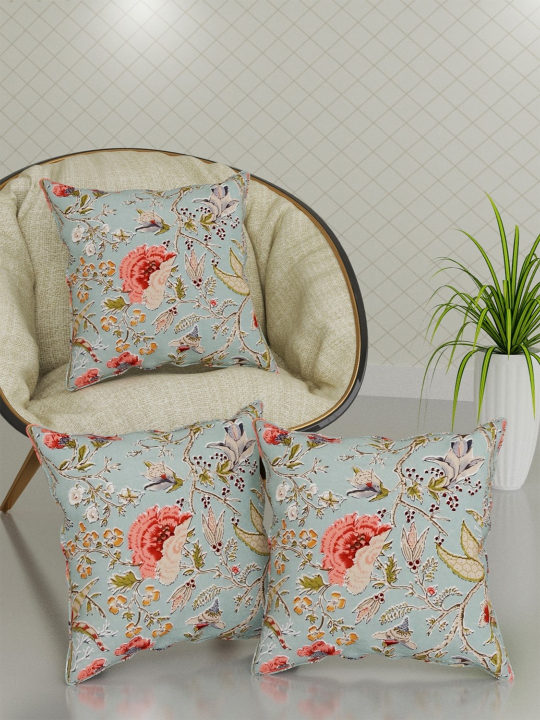 

Trance Home Linen Jaipuri Green & Pink 3 Pieces Floral Cotton Square Cushion Covers