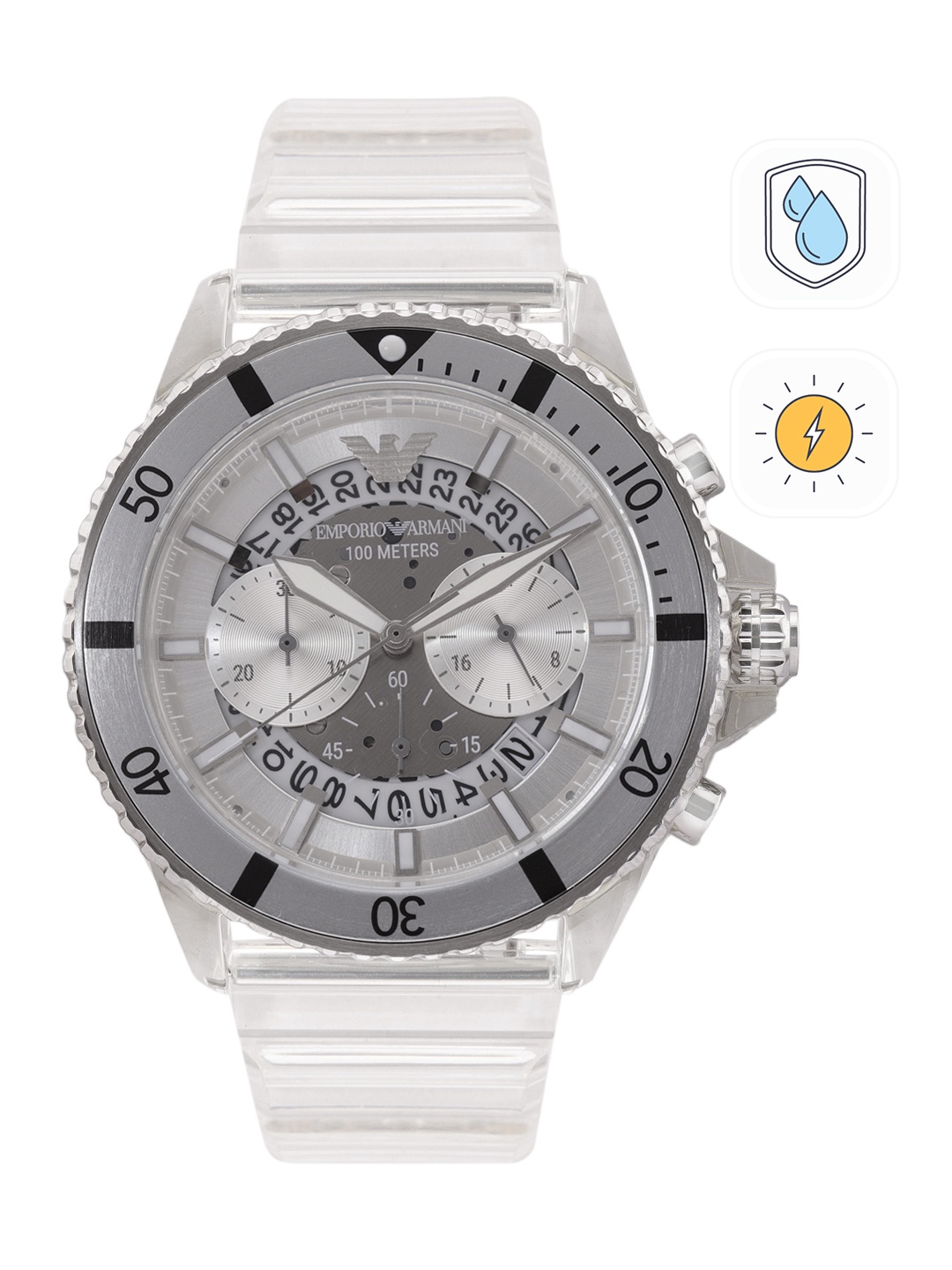 

Emporio Armani Men Skeleton Analogue Chronograph Automatic Solar Powered Watch AR11536, Silver