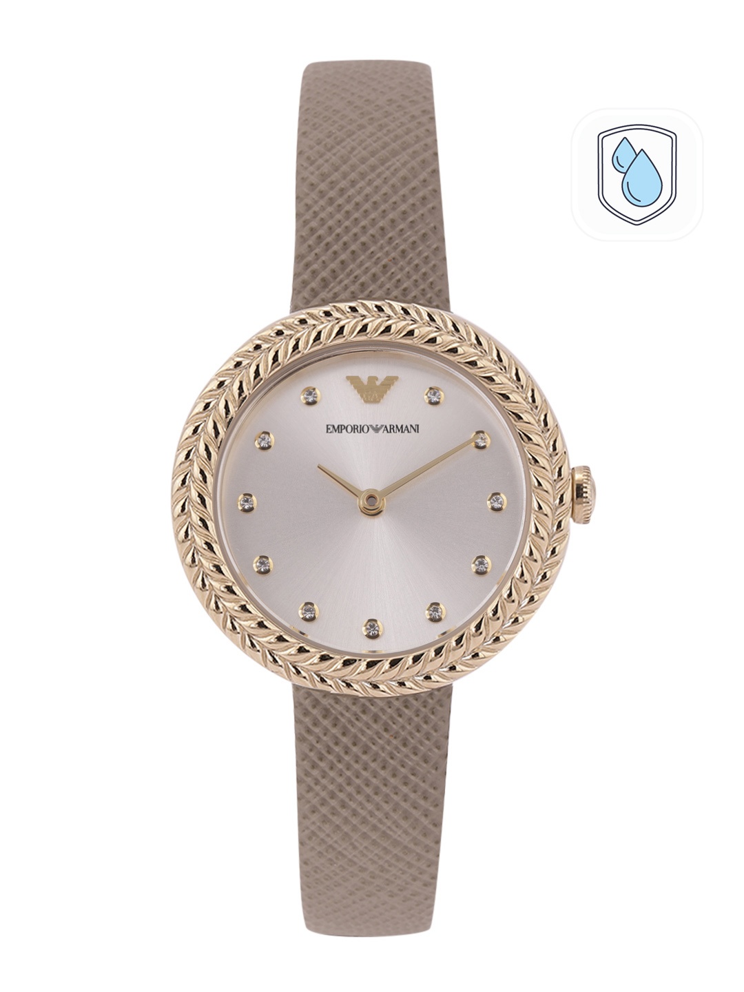 

Emporio Armani Women Embellished Leather Analogue Watch AR11533-Grey, Silver